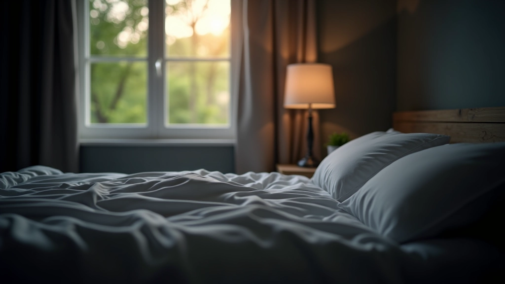 Schlafzimmer mit optimalen Bedingungen: dunkles Zimmer, Wecker zeigt frühe Morgenzeit, offenes Fenster mit frischer Luft