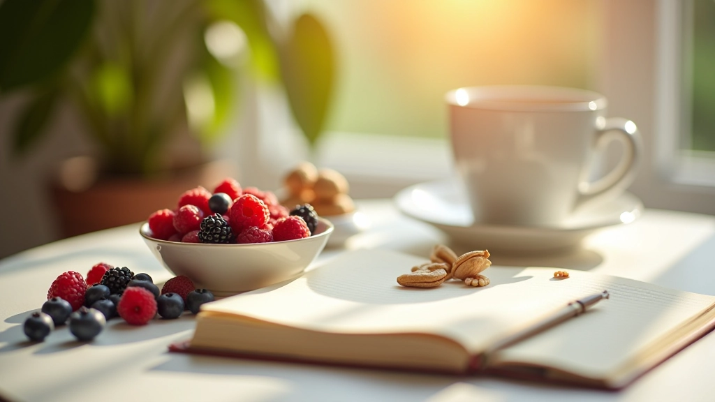 Gesundes Frühstück mit Beeren, Nüssen, Kaffee und einem offenen Trainingsjournal