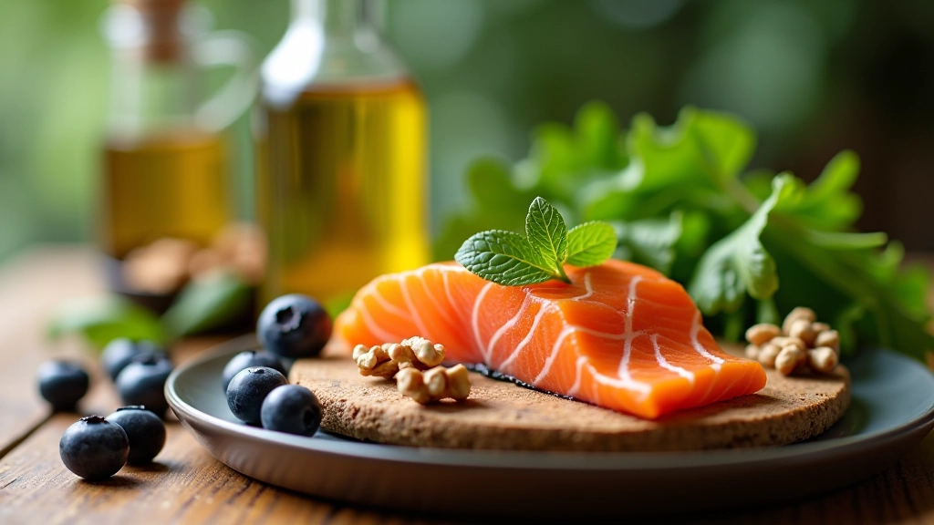 Gesunde Lebensmittel auf Holztisch: Fisch, Beeren, Nüsse, Blattgemüse für optimale Gehirnernährung