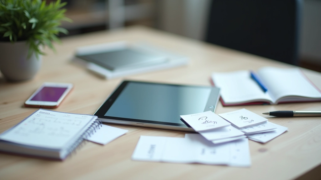 Verschiedene Lernmittel: Digitale App auf Tablet, handgeschriebene Karteikarten und Papierkalender nebeneinander