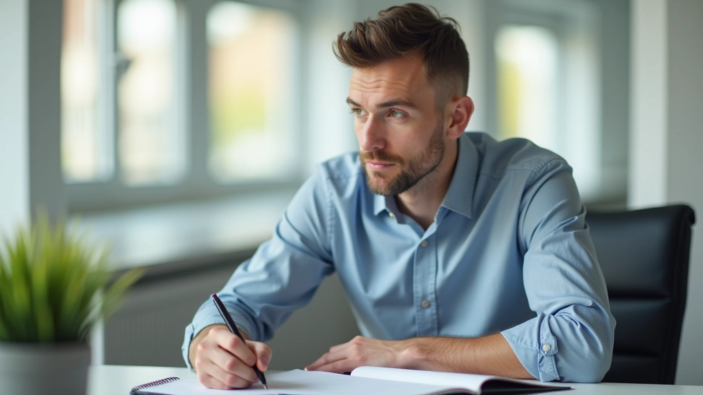 Person sitzt am Schreibtisch und konzentriert sich auf eine Aufgabe, zeigt mentale Klarheit und Fokus