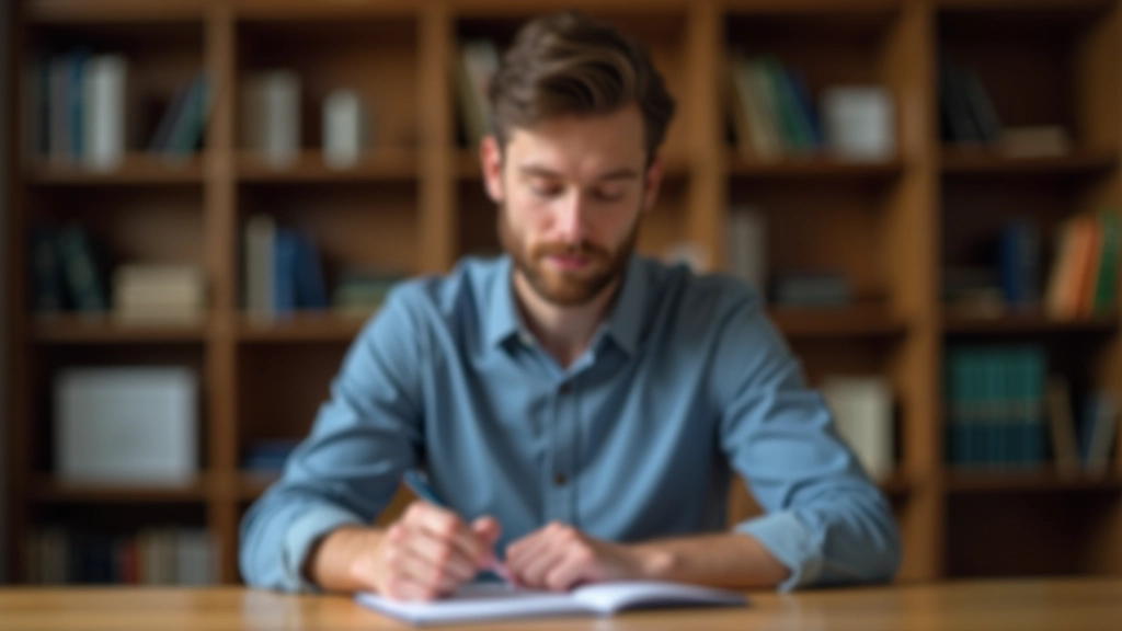 Person sitzt am Schreibtisch mit Notizbuch und konzentriert sich auf eine Aufgabe