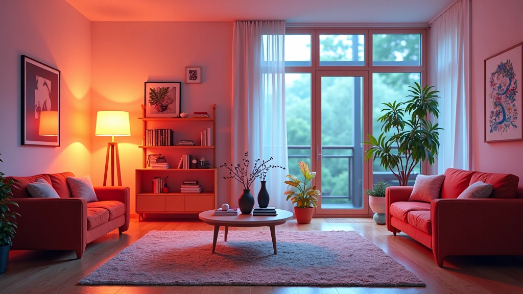 Bunte Illustration zeigt surreale Szenen: Ein Objekt in einem Raum mit lebhaften Farben und absurdem Design